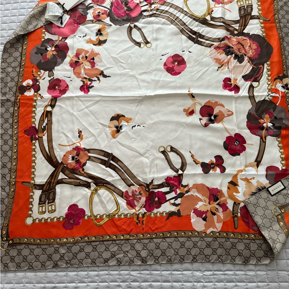Gucci Silk Scarf with Floral and Equestrian Design